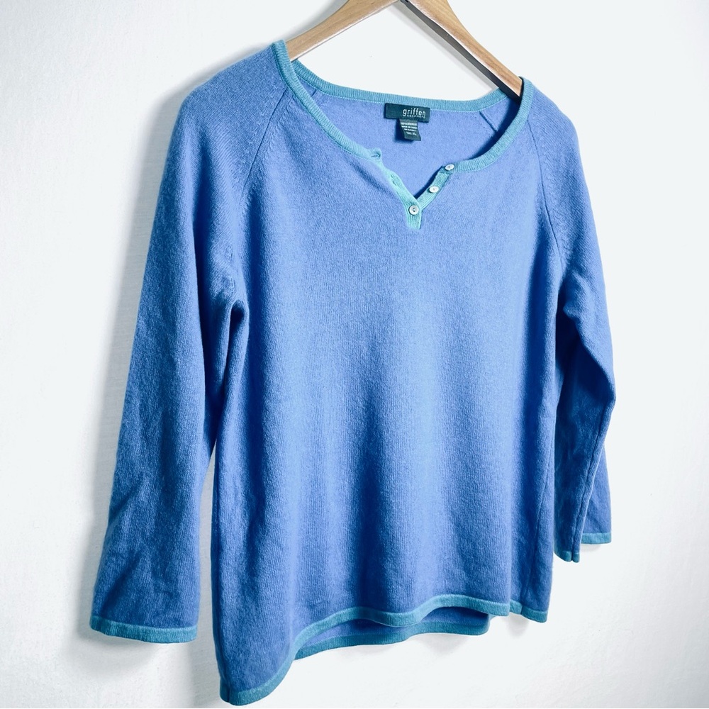 Cashmere Sweater Periwinkle Blue Aqua Trim Soft XL - Picture 5 of 7